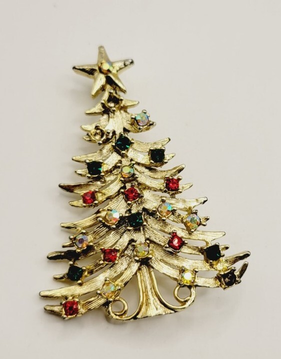 Christmas Tree Star Brooch Holiday Pin Crystal Gold tone Vintage