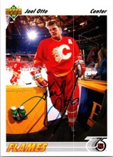 Joel Otto autographed hockey card (Calgary Flames, SC) 1992 Upper Deck #165