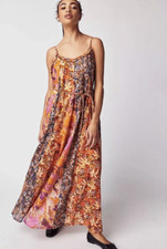 Free People Moondive Floral Belted Sleeveless Maxi Dress Pockets Boho New M