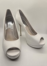 MICHAEL KORS White Leather Josie Peep Toe Silver Heels Platform Stilettos 5M