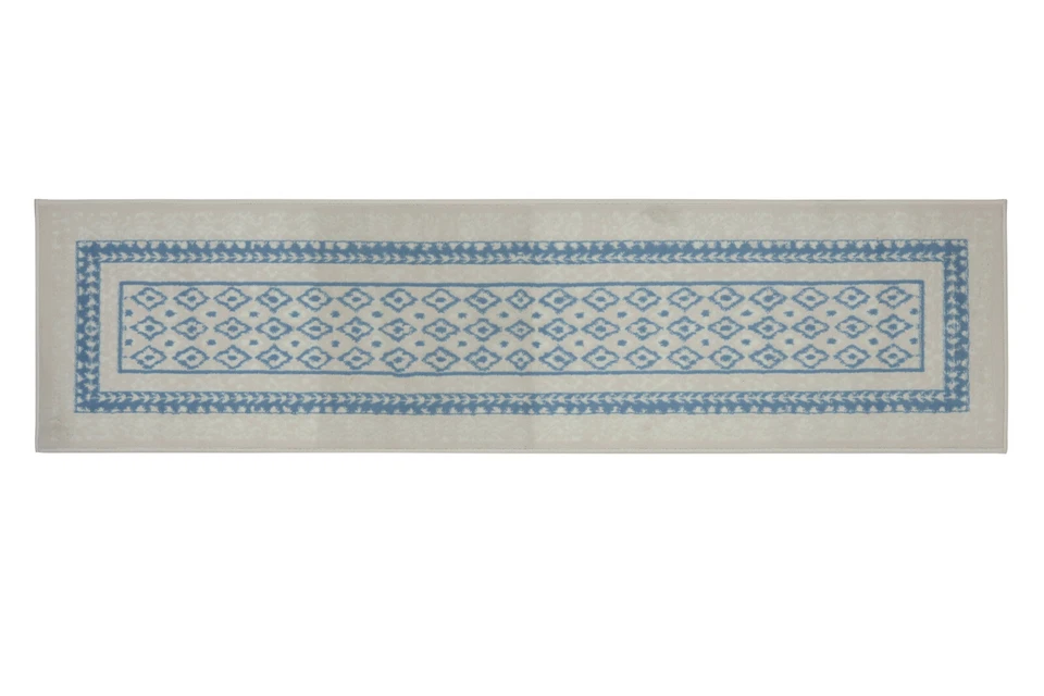 Bordered Transitional Runner - 2'x8' Light Blue, Geometric Pattern Area Rug -510 - Image 3 of 4