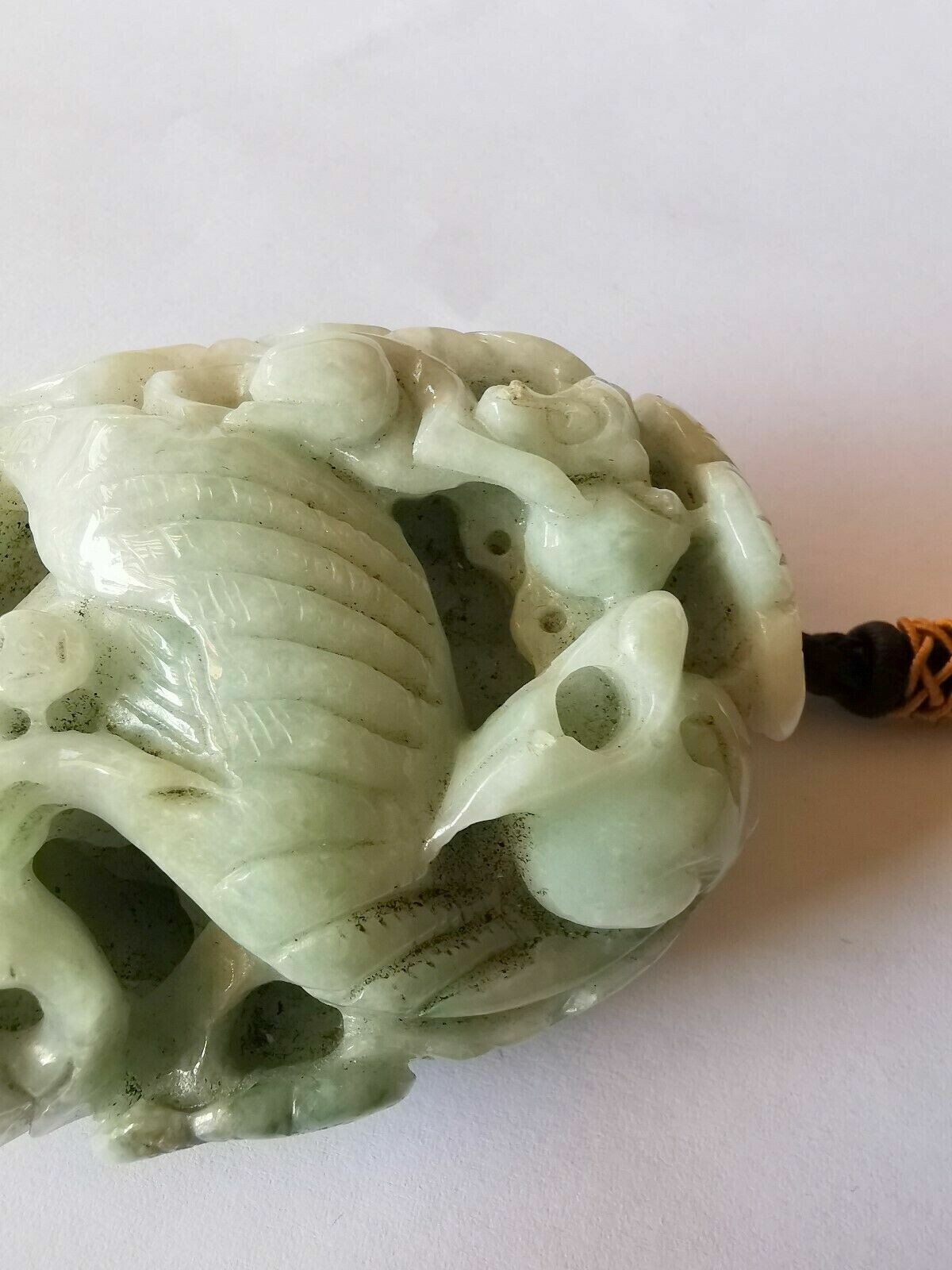 Jade Jadeite White & Green Vintage Natural Carved Lion & Monkey Pendant