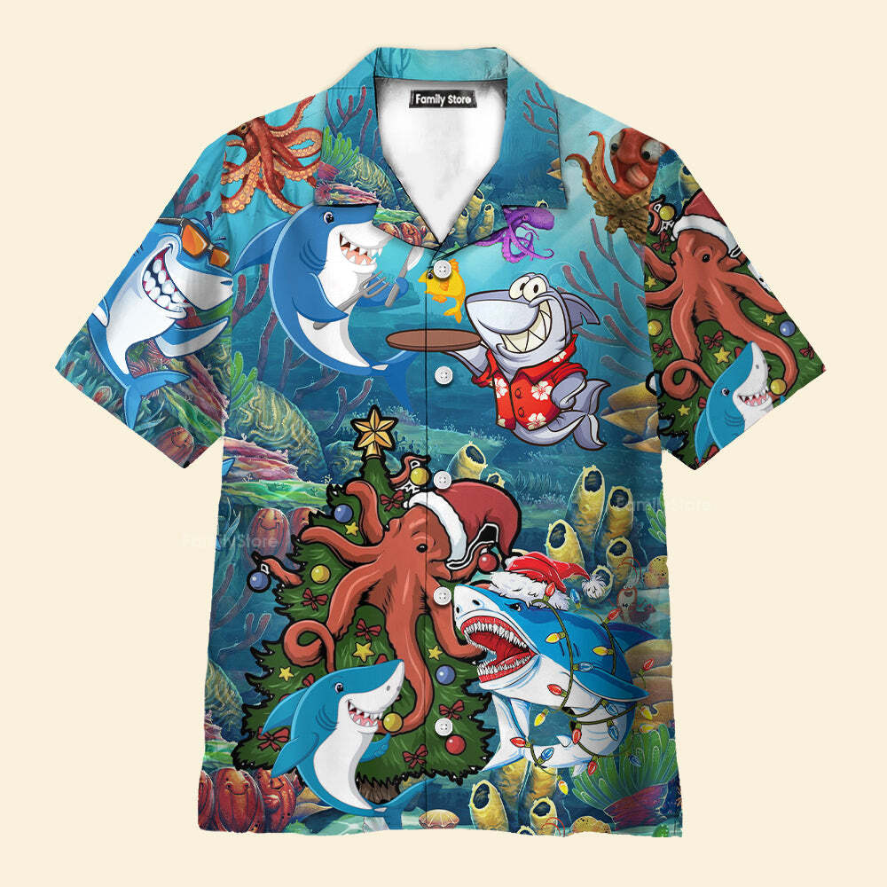 Shark Loves Beautiful Octopus Hawaiian Shirt For Men US Size Summer Style NEW