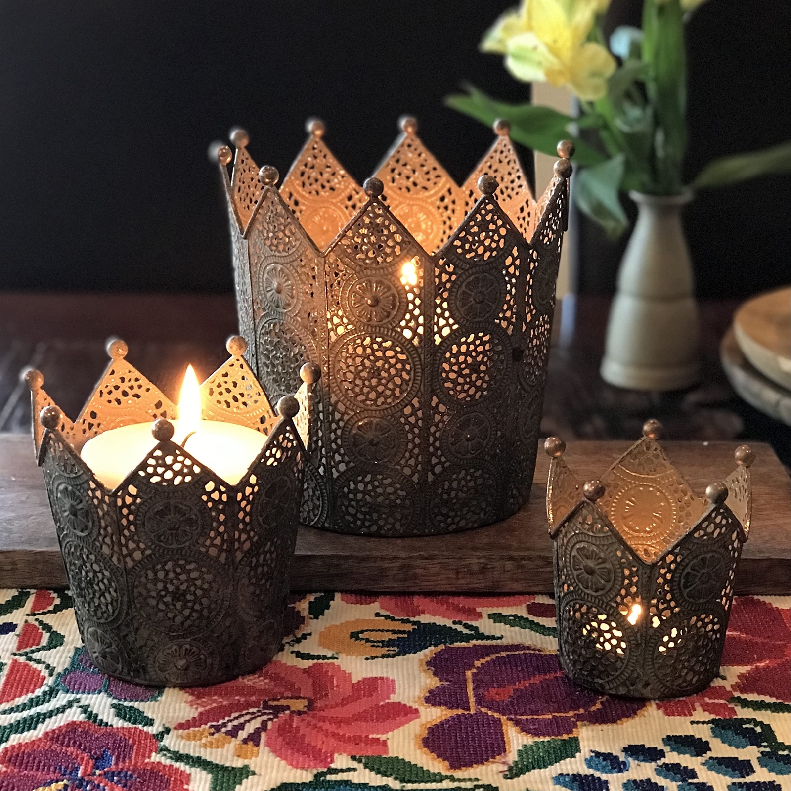 3 Piece Circular Crown Candle Holder Set, Wind Lights, Gold with Blue Green P...