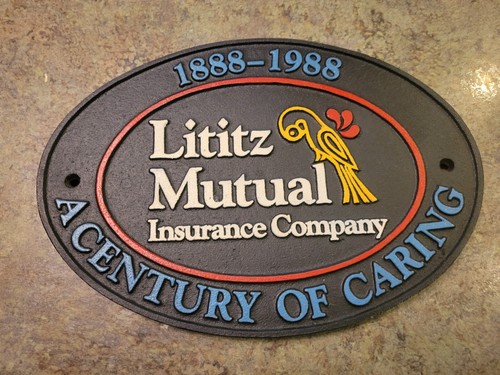 Lititz Mutual Insurance Company Century of Caring 1988 FIRE MARK Metal Plaque