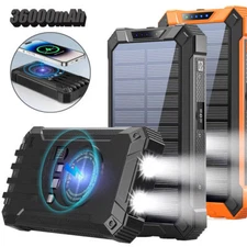36000mAh Solar Power Bank Wireless Charger Built in 4 Cables 15W Fast Charging
