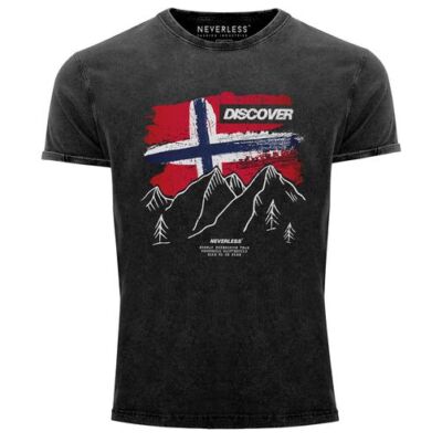 Herren Vintage Shirt Frontprint Norwegen Flagge Berge Discover Aufdruck