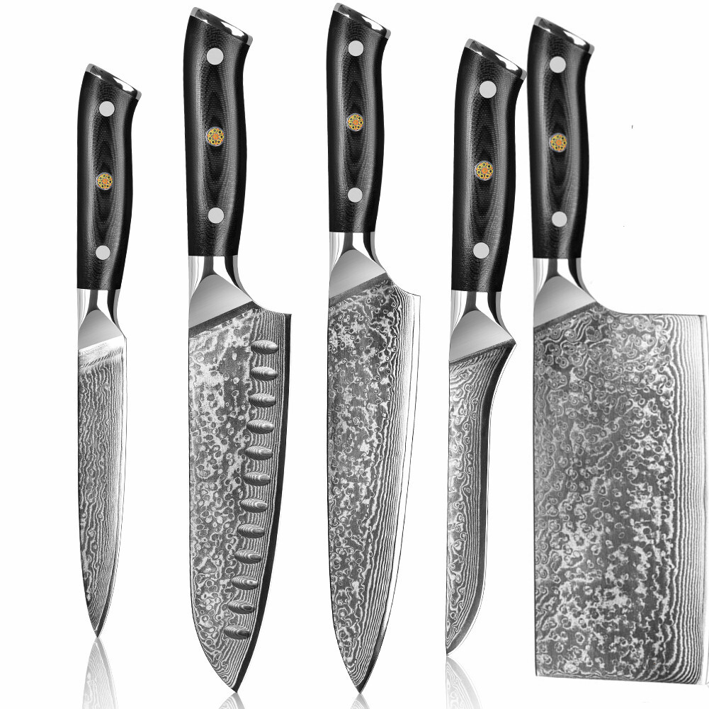 1-5tlg.Damast Küchenmesser aus VG10 Damaststahl Chefmesser mit G10 Holzgriff