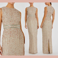 NWT Mac Duggal [ 8 ] 93603 Sequin High Neck Sleeveless Column Gown Nude G1285