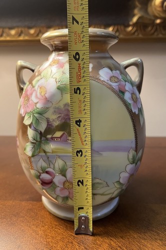 Antique NIPPON Hand Painted Porcelain 7” Two Handled Vase Flowers W/Gold Accents - Picture 14 of 15