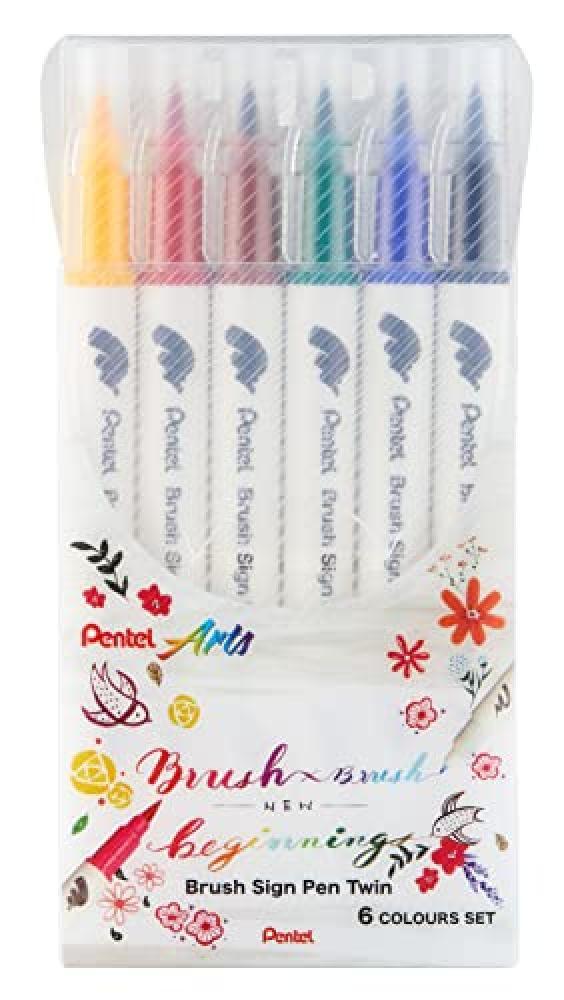 (TG. 1 unit  (Confezione da 6)) Pentel SESW30 Brush Sign Pen Twin, set di 6 penn