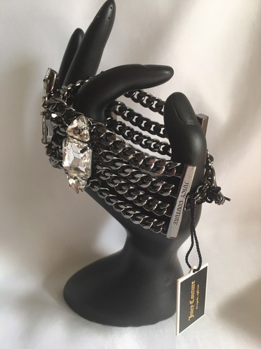 Juicy Couture Black Enamel Multi-Chain Toggle Bracelet w Faceted Crystals RARE! - Picture 4 of 6