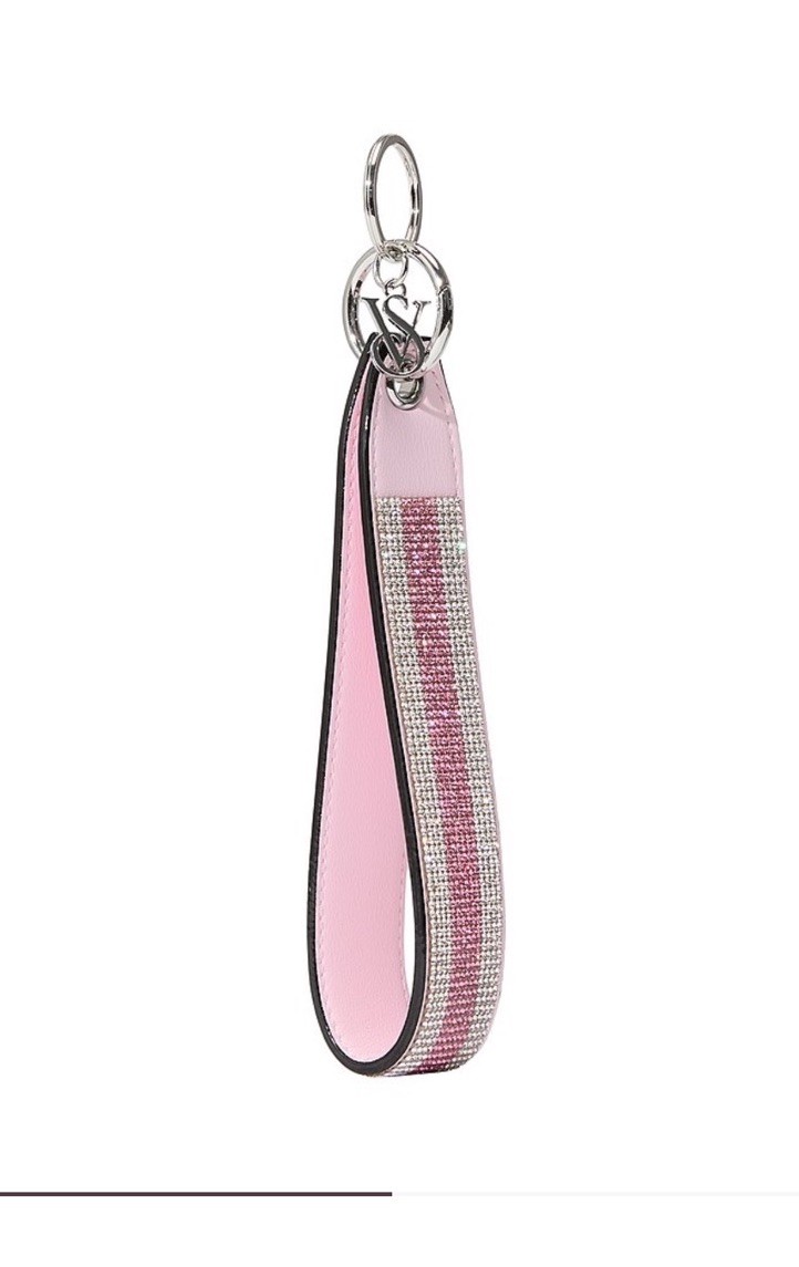 Victoria's Secret Pink Sparkle Logo Heritage Stripe Wristlet Keychain Strap New