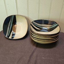 6 Gibson Elite ALTHEA TEAL Stoneware 7” Soup Cereal Bowls Blue Rounded Square