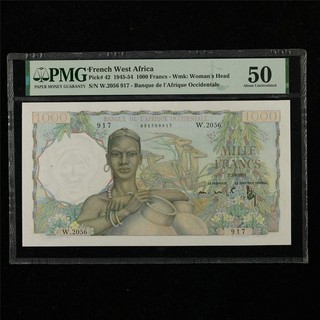 1945 54 África Occidental Francesa 1000 Francos Pick #42 PMG 50 Sobre UNC