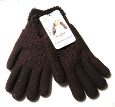 Ladies Knit Jacquard Gloves By Tru Fit, W/Plush Lining  Cuff, Brown, One Size