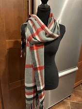 Scottish 100 Cashmere Plaid Rect. Scarf Fringe Gray Red Black Made in Scotland