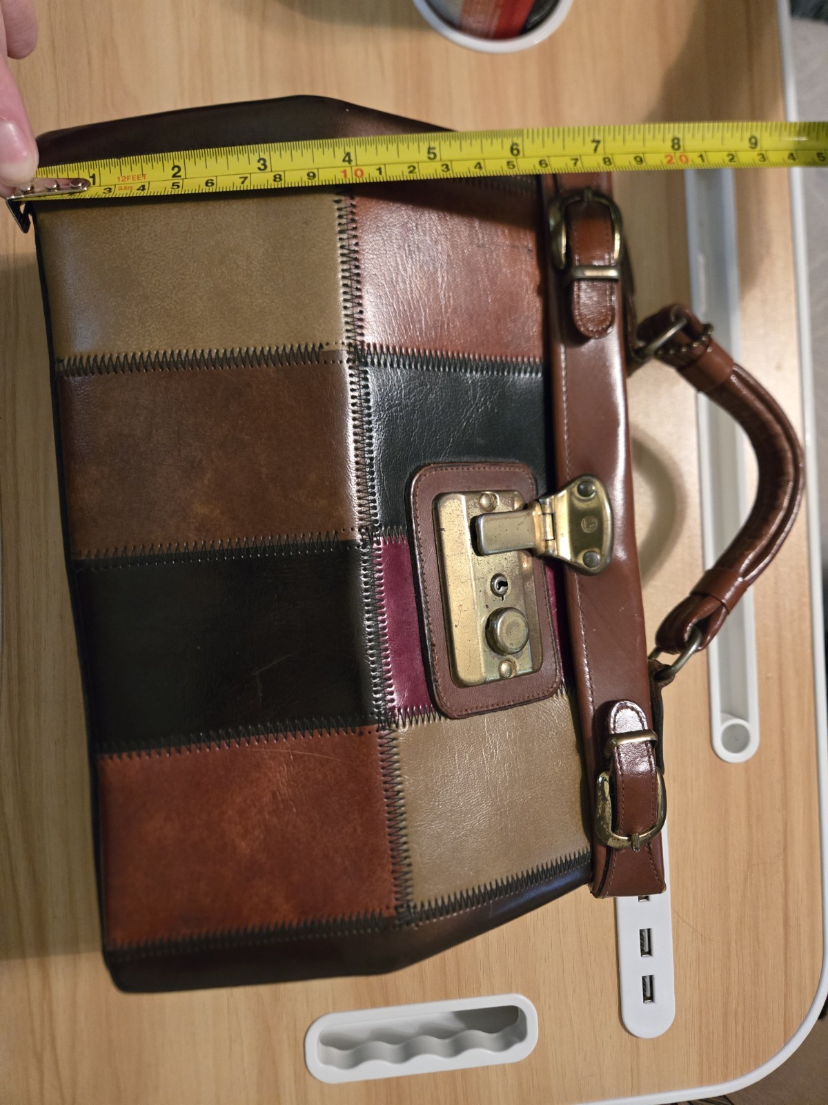 Vintage Leather Patchwork Handbag With Lock And K… - image 5