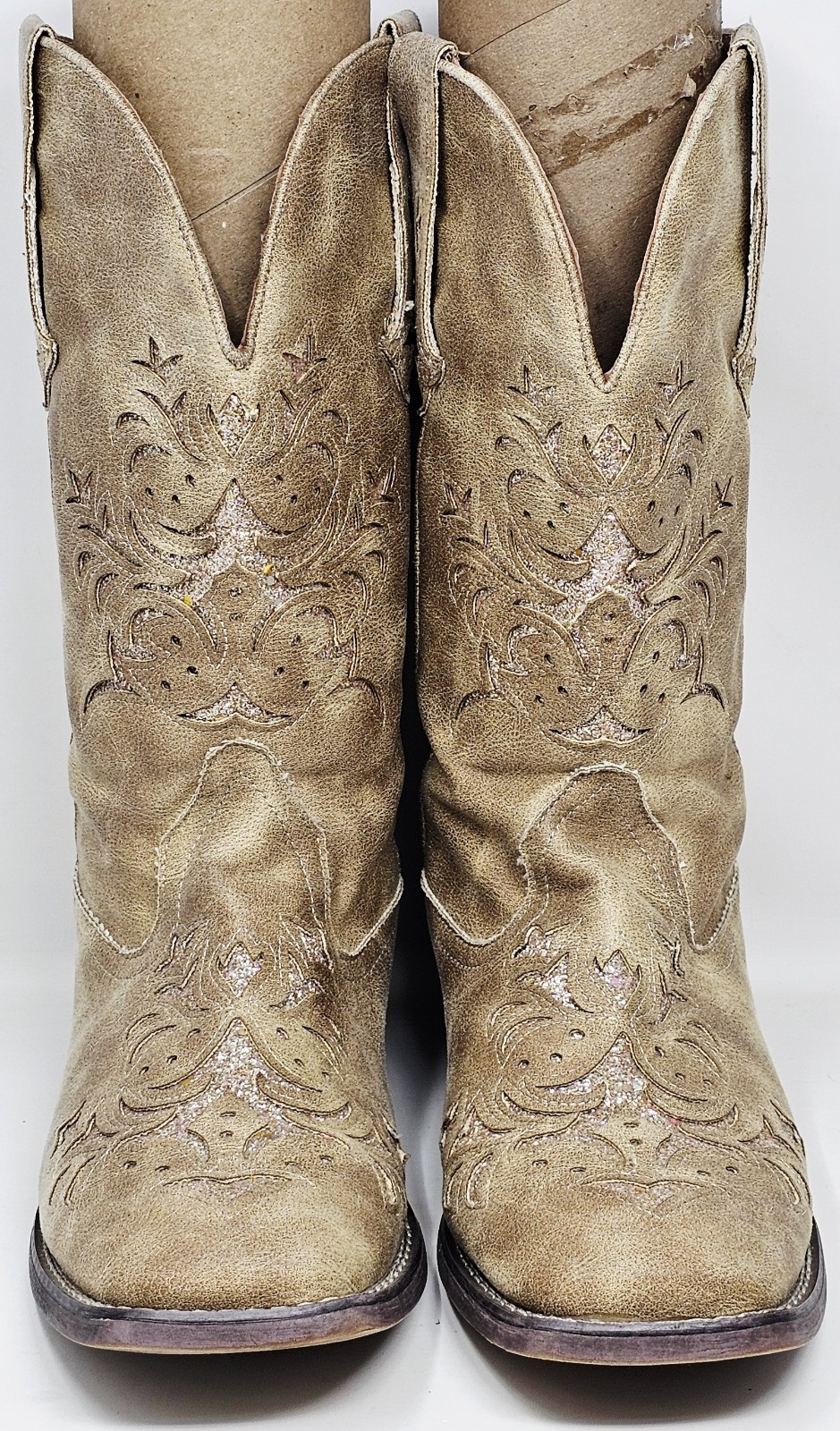 Women's Roper Western Cowboy Boots Tan Glitter Inlay Square Toe Size 11 Preowned