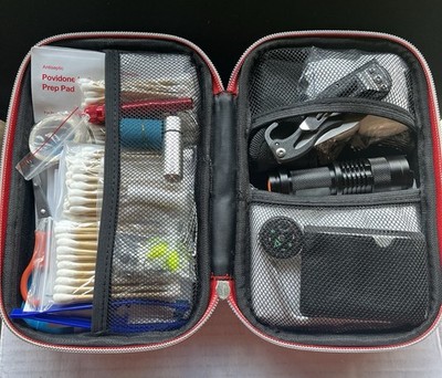 Portable Red First Aid Kit with Povidone Prep Pad, Cotton Swabs, Tools & Case