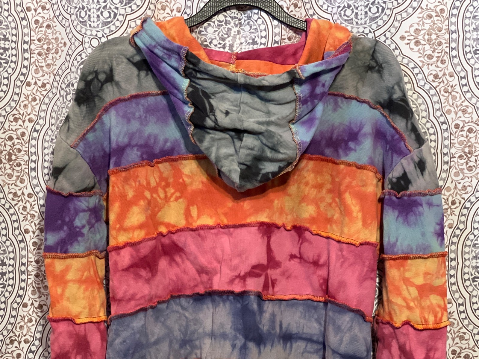 Handmade Tie-Dye Multicolor Patchwork Hooded Zip-… - image 5
