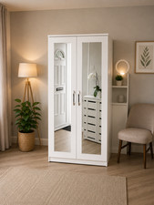 Ready Assembled White 2 Door Wardrobe Mirror Hanging Rail Shelf Bedroom Storage