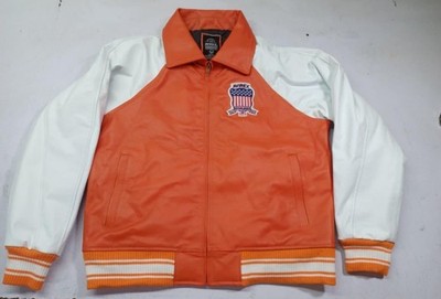 Men's Avirex orange white USA Icon Flight Bomber Jacket Cowhide Leather Jacket