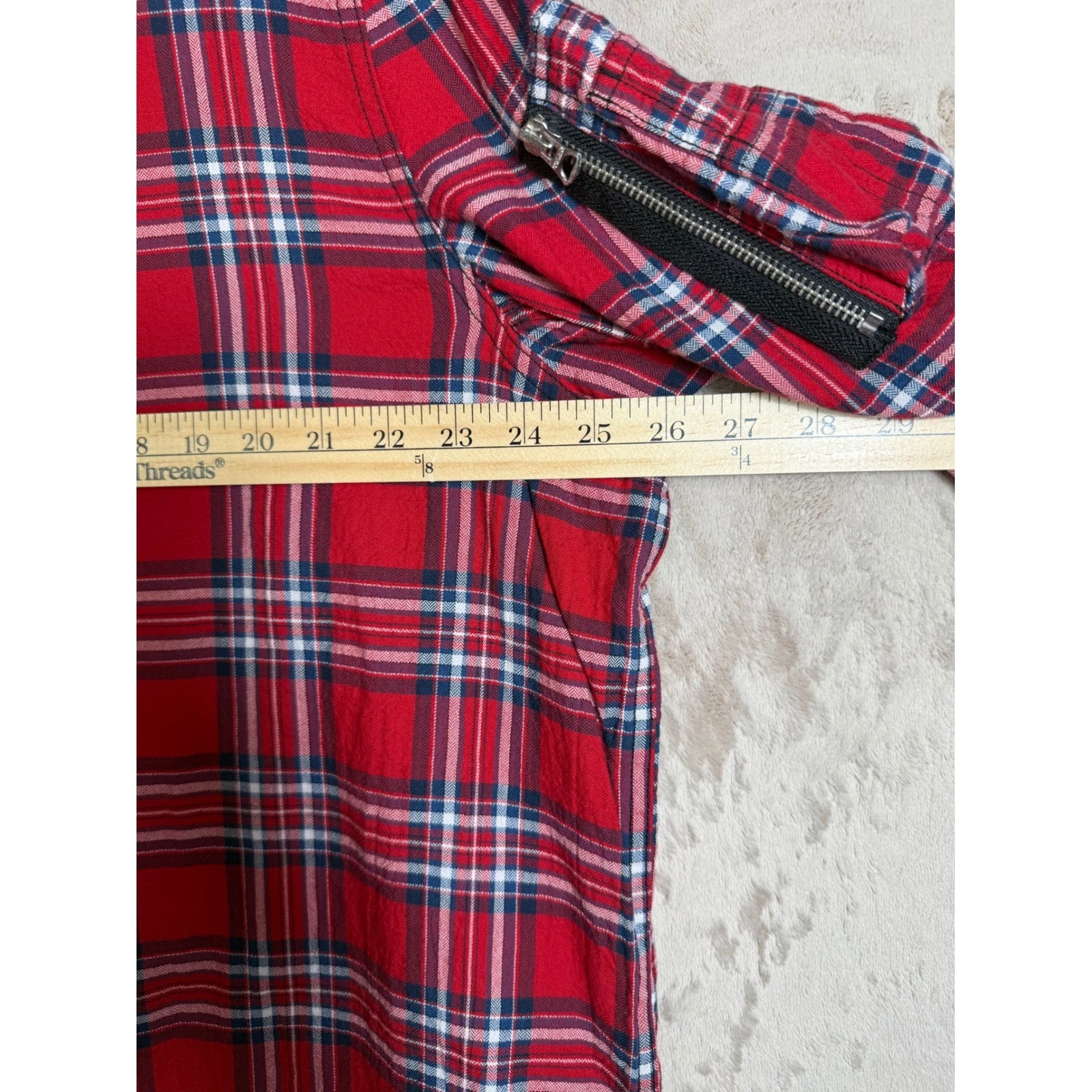 R13 Flight Shirt Mens XL Red Plaid Japanese Fabric Zip Up Bomber Jacket Longline - product detail image 5