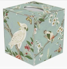 MARYE-KELLEY, "BIRDS & BLOOM" CUBED TISSUE BOX COVER, 5", SILVER TRIM, NEW