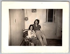 Vtg B&W Snapshot Two Fashionable Women Sitting Together Indoors 1940s