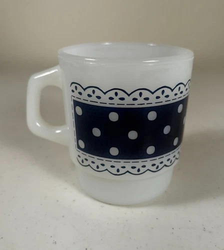 Vintage Fire King Anchor Hocking White Milk Glass Polka Blue Dot Lace Cup Mug