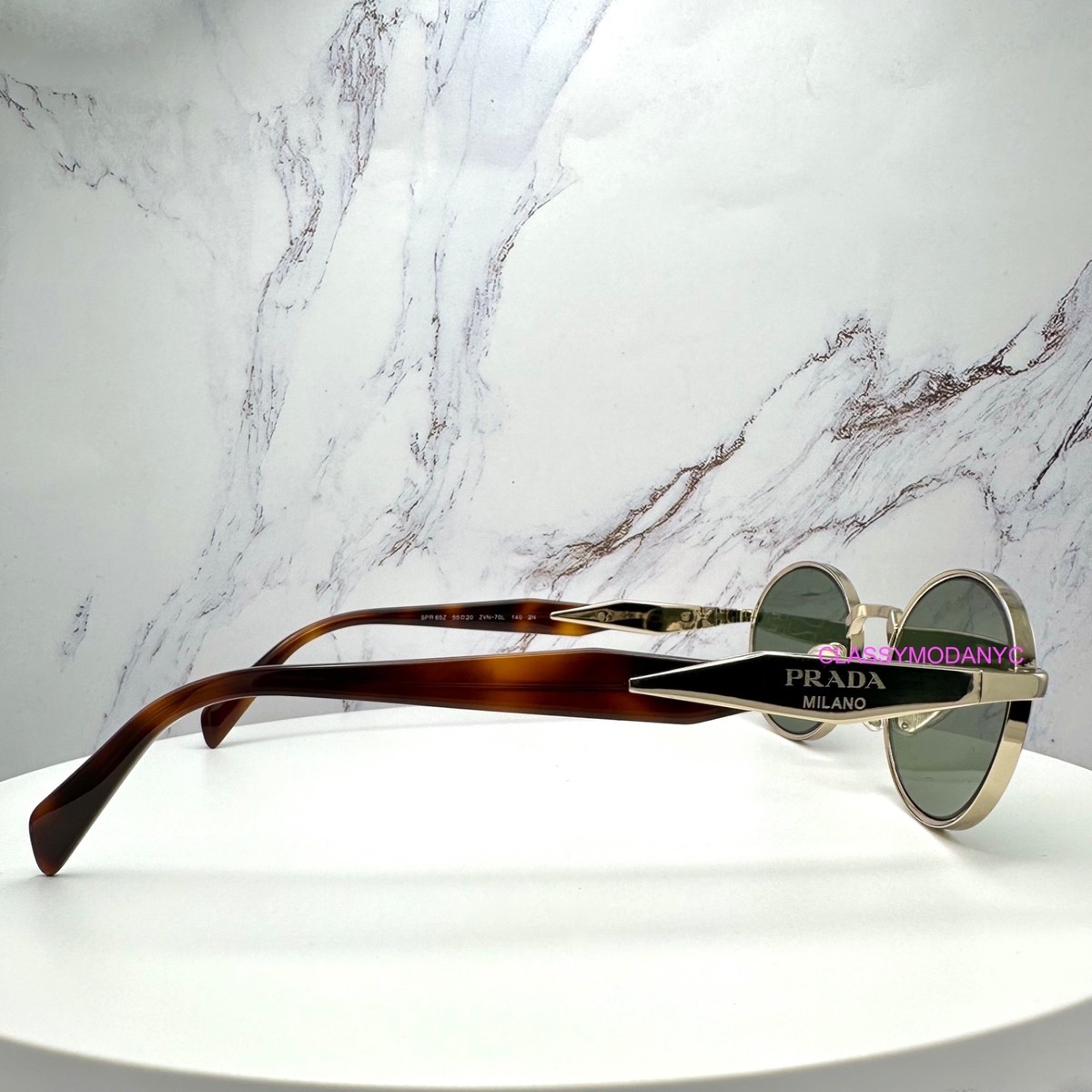 PRADA Sunglasses Gold Oval Round Symbole Metal Frame Green Lens
