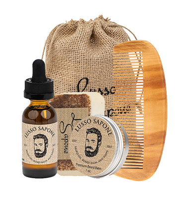 Lusso Sapone Beard Oil Grooming Kit Beard Balm Soap Wooden Comb Growth Set