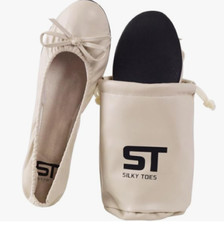 Women's Foldable Flat Ballet Style Shoes Matching Carry Bag  Foot Liner Nude LG