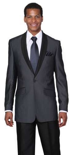 Traje delgado de dos piezas de un botón para hombre con cuello de chal en gris negro azul marino 5601 - Imagen 8 de 9