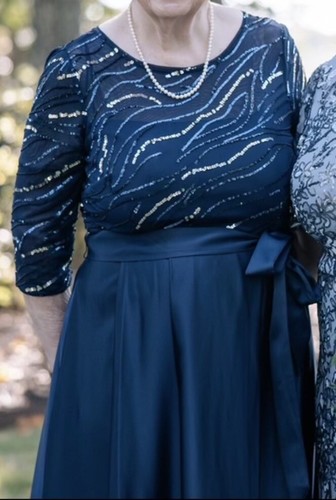 Abito da ballo Alex Evenings donna raso con tasche argento blu navy taglia 14 - Foto 2 di 4