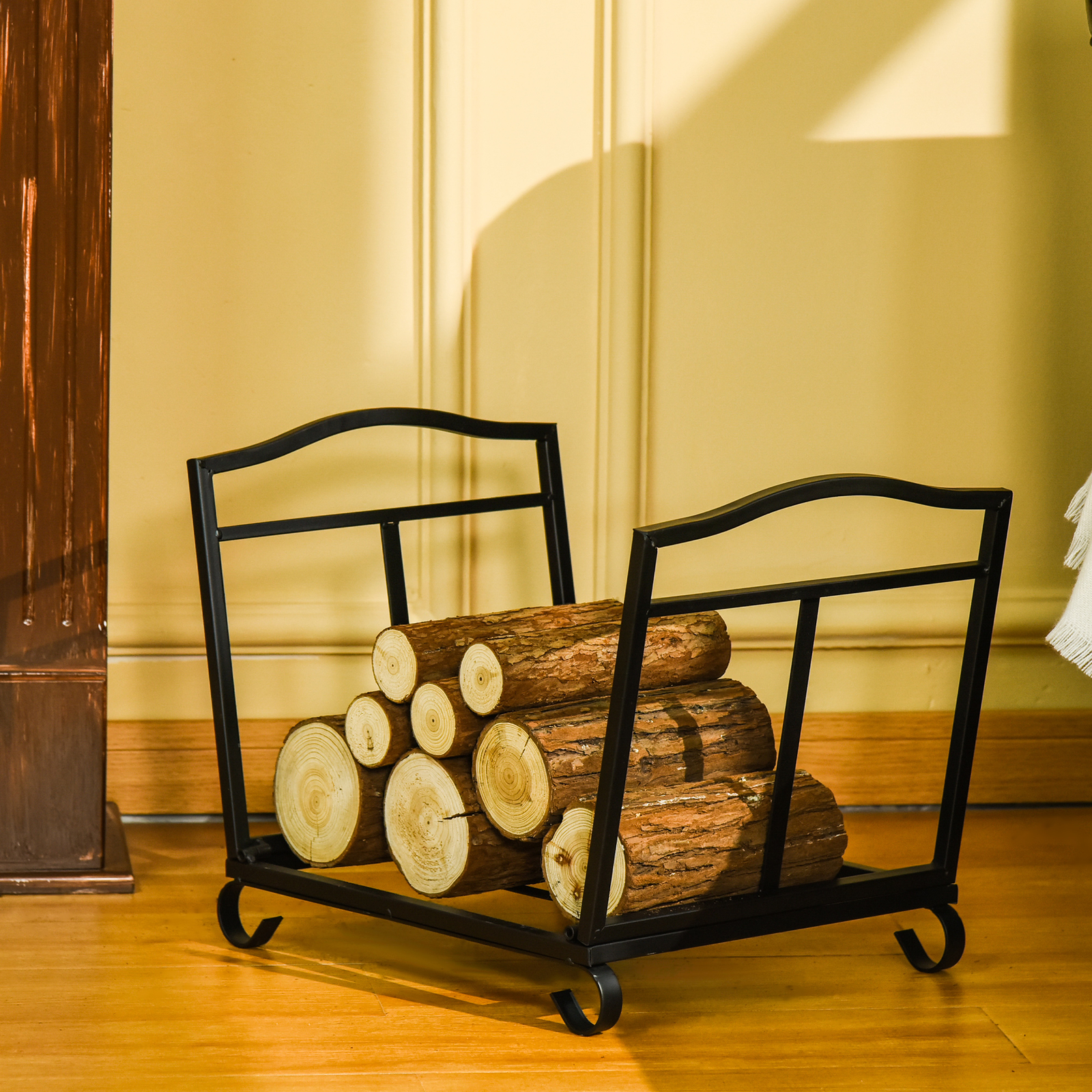 Foldable Firewood Log Rack Fireplace Log Holder w/ Scrolls for Outdoor