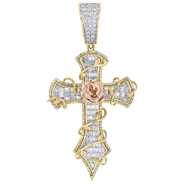 10K Gelbgold Baguette Diamant Herren Reben Kreuz AnhäNger Mit Rose 1,75 CT-image
