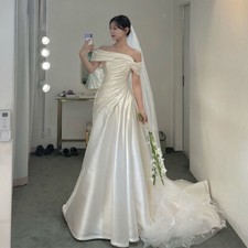 Satin Wedding Dresses Off Shoulder Pleated Custom Made A-line Bridal Gowns Train