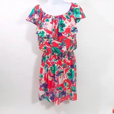 Love...Ady Women's Floral Off the Shoulder Ruffle Sleeves Blouson Mini Dress SML