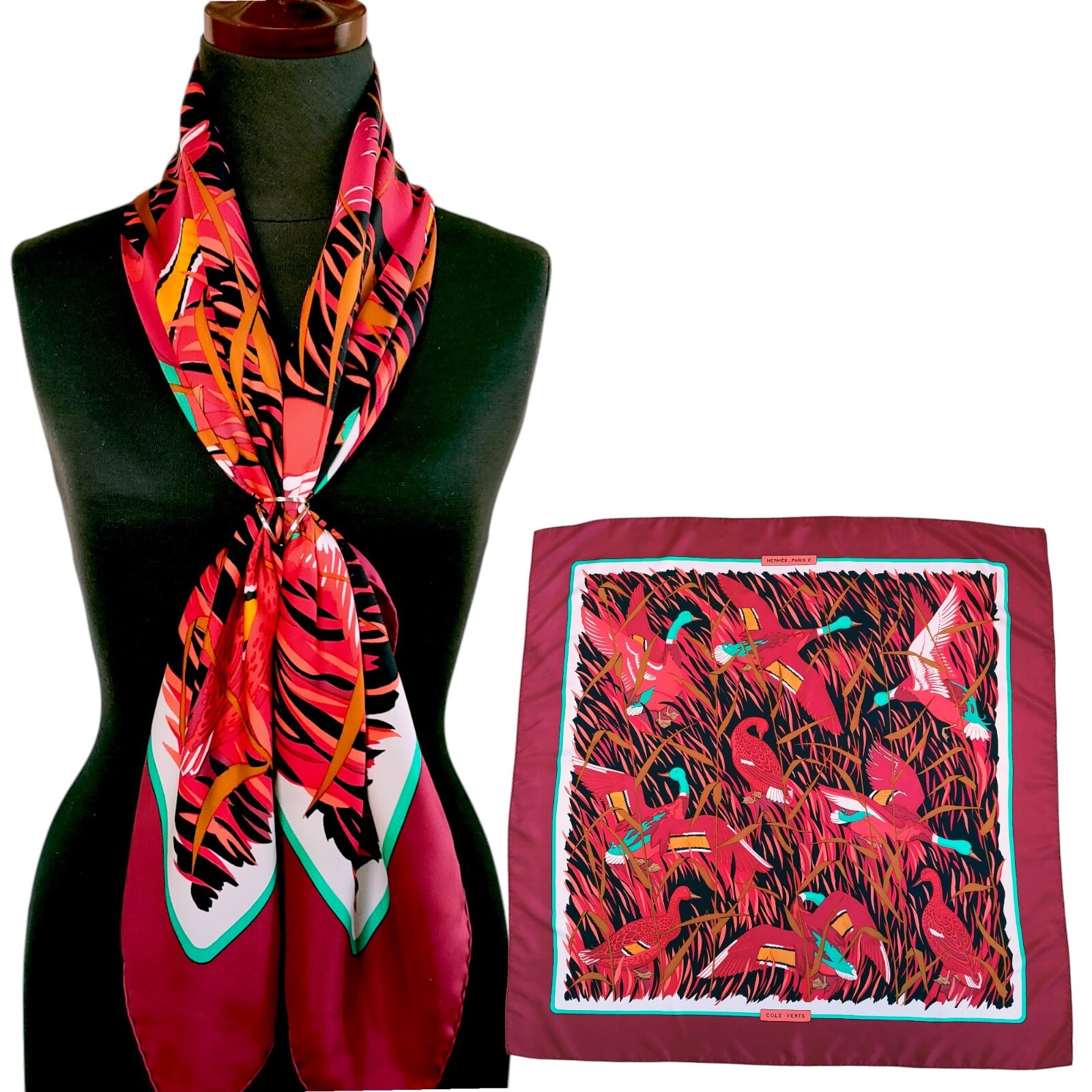 Hermes COLS VERTS Carre 90 Silk 100% Scarf Vintage Rare Red Black