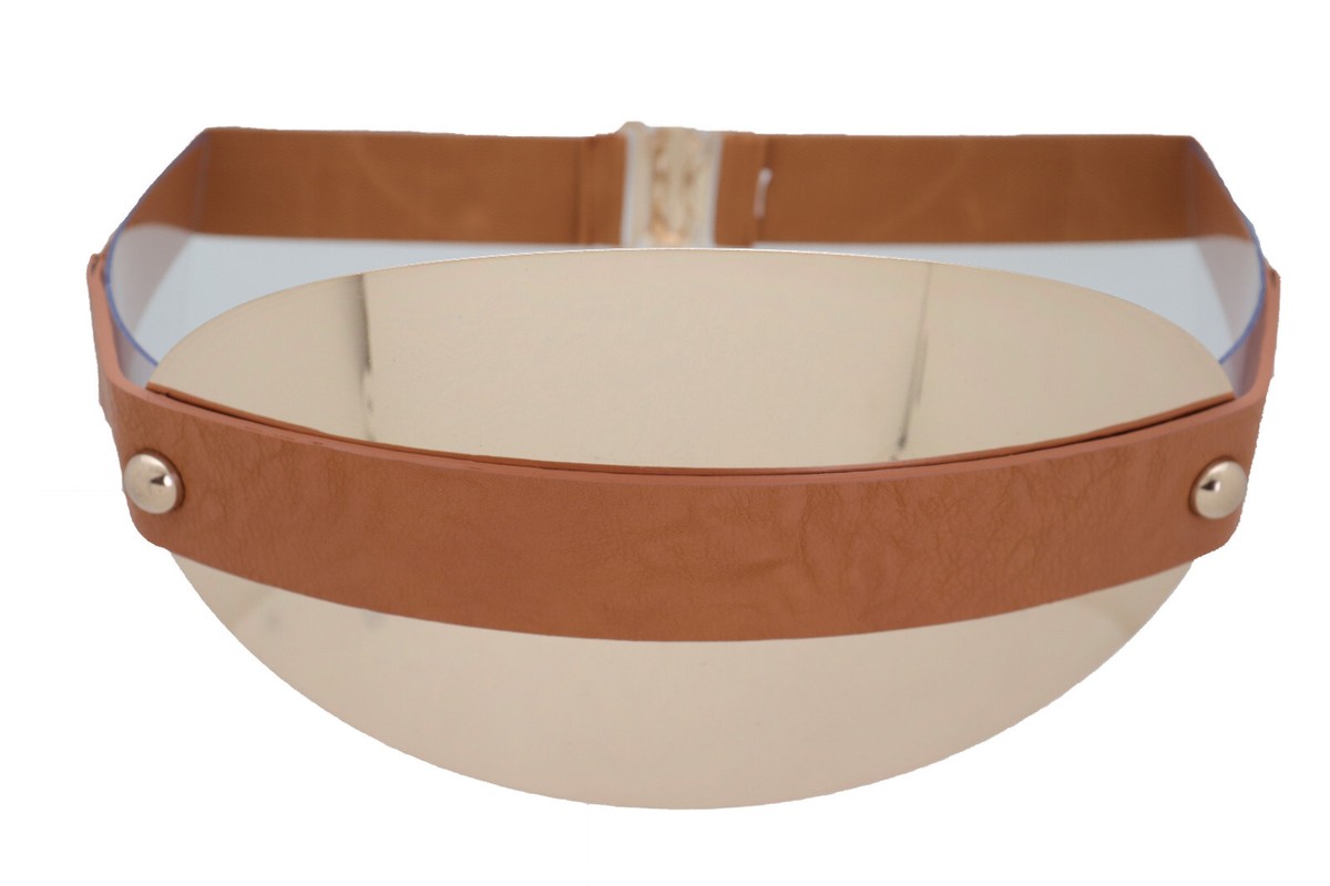 Women Brown Elastic Wide Corset Style Belt Oval Gold Metal 