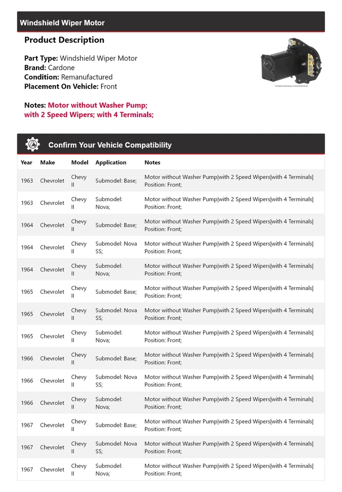 Para Chevrolet Chevy II 1963-1967 Limpiaparabrisas Motor Delantero Cardone 1964 1965 Foto 2 de 4