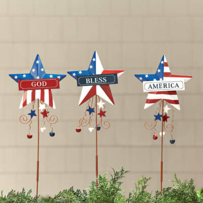3er Set Patriotische ''GOD BLESS AMERICA'' 4. Juli Veranda Terrasse Garten Pfähle