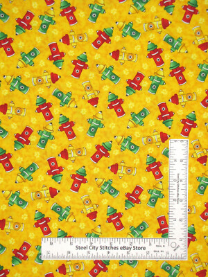 Emergency Fire Water Hydrant Fireman Fabric By the Yard Yellow Cotton Avlyn