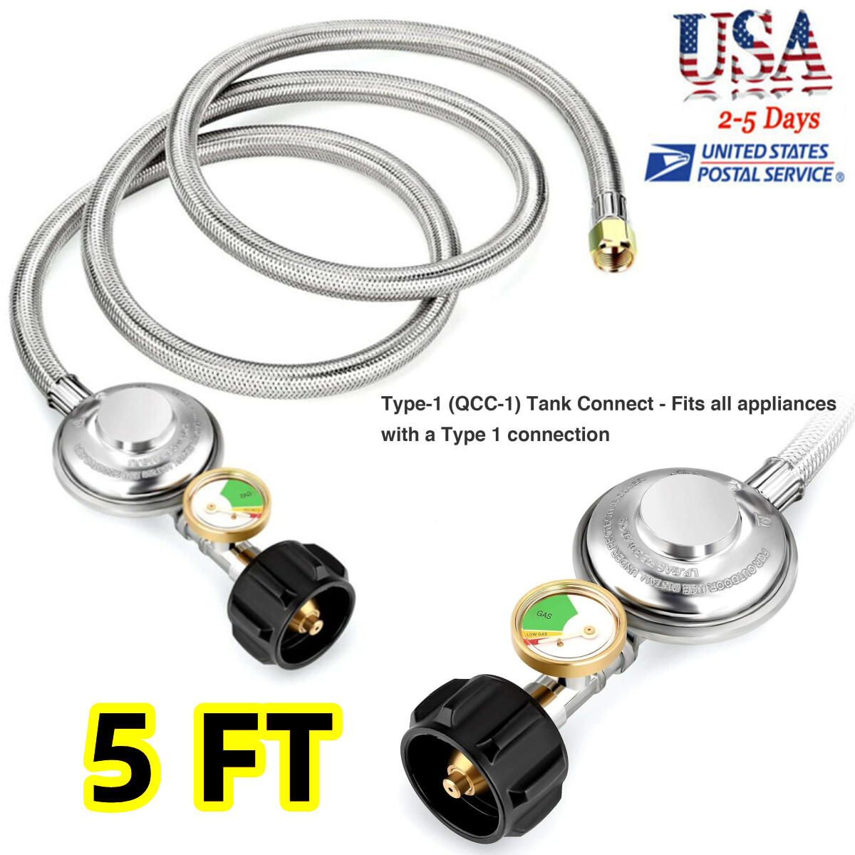 BBQ 5FT with Gauge Grill Low Pressure Propane Regulator Hose for Gas Pit, Stove