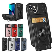 For iPhone 16 15 14 13 Pro Max Camera Lens Slide Ring Stand Card Rugged Case
