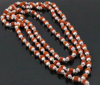 108 RUDRAKSHA BEADS JAPP MALA UNISEX STERLING SILVER NECKLACE JEWELRY FROM  INDIA