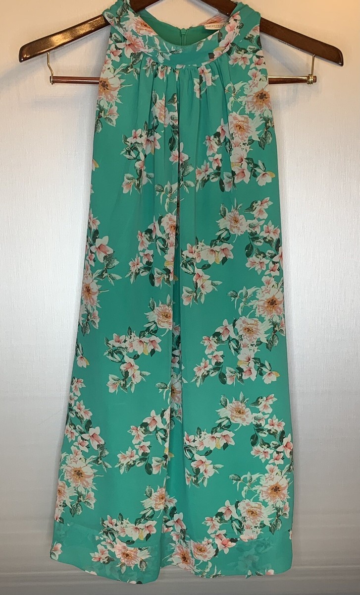 Pre-owned New York & Company XS Eva Mendes Green Floral High Neck Dress Lined Pre-owned New York & Company XS Eva Mendes Green Floral High Neck Dress Lined