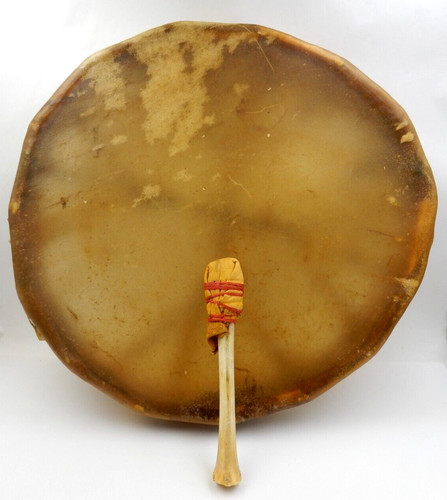 ANTIQUE TRIBAL NATIVE BUFFALO HIDE 17" WOOD FRAMED DRUM & BONE MALLET